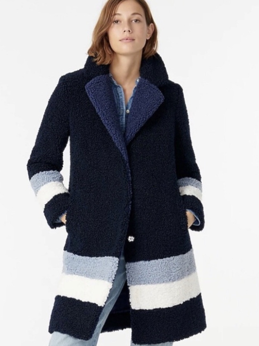 J.Crew Teddy Sherpa Colorblock Topcoat Navy Blue White XS